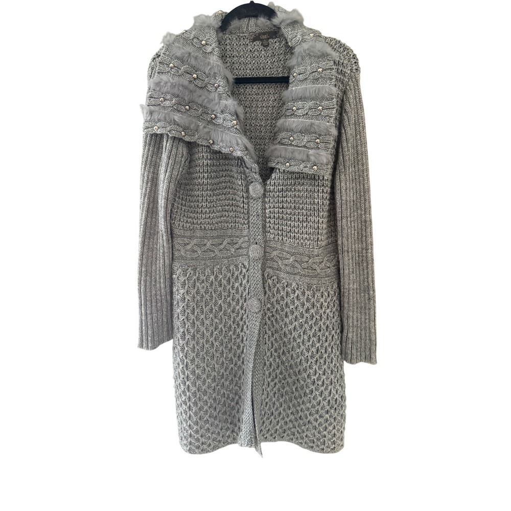 Sioni Gray Wool Blend Faux Fur Studded Longline Knit Cardigan XL Fall Winter